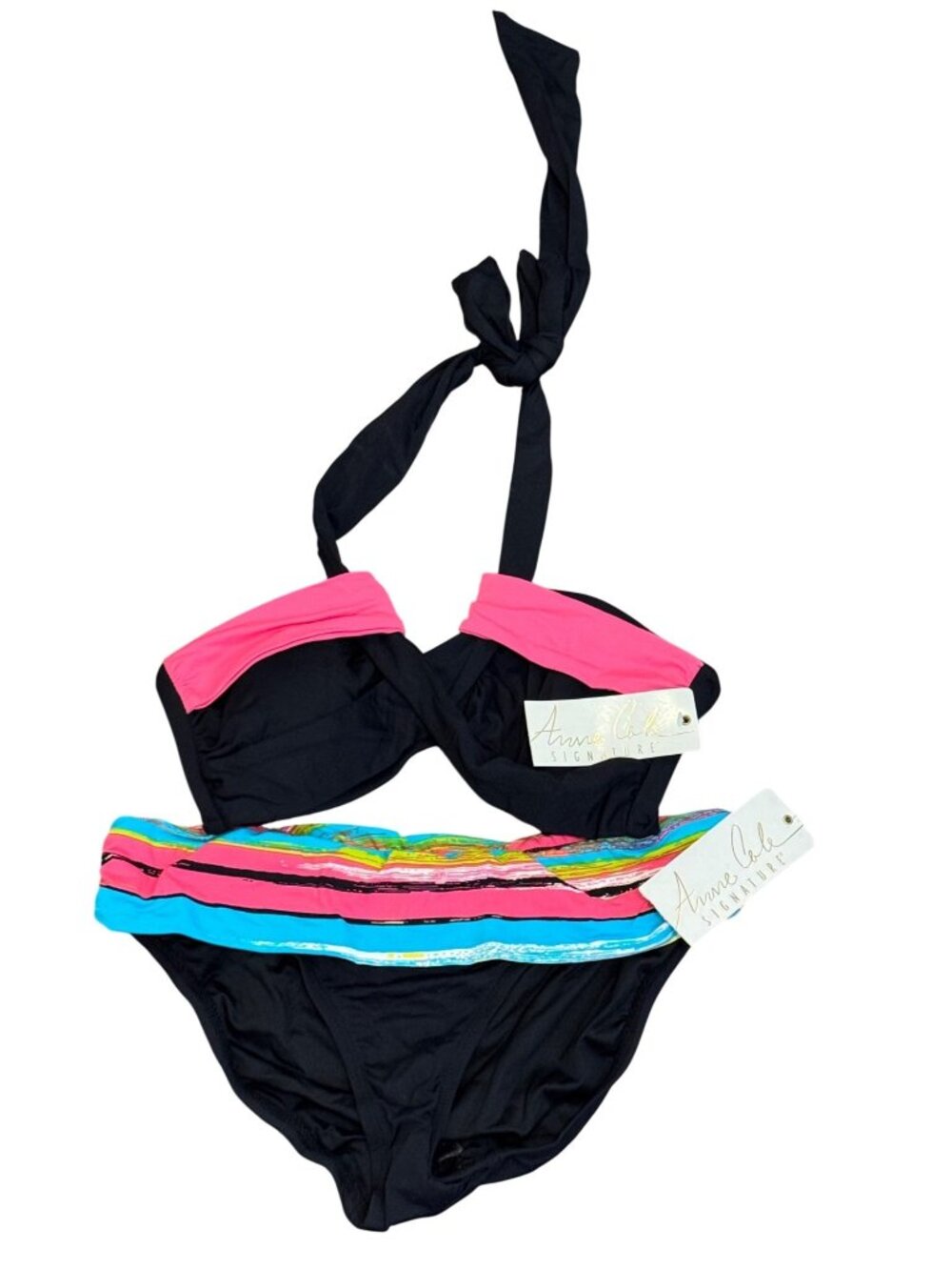 Anne Cole Signature Womens Multicolor Striped & Black Bikini Set - Size S